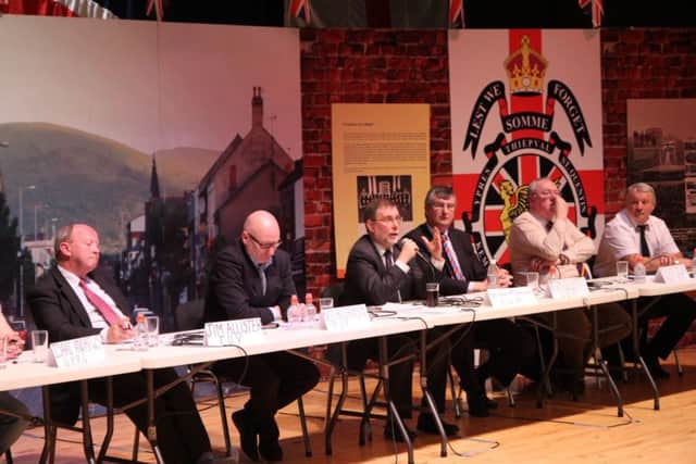 A meeting of the unionist forum in 2013, with unionists and loyalists including Jim Wilson, on the right