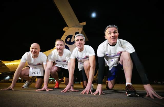 Runway Run Ambassador Stephen Ferris, second left,  at the launch with, from left, Richard Gillan, Peter Legge and Neal Taylor of Grant Thornton