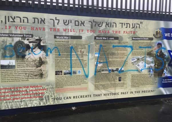 Graffiti was sprayed on a pro-Israel mural in north Belfast