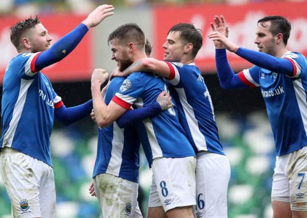 Linfield's Stephen Lowry celebrates scoring against Ards. Pic: Presseye