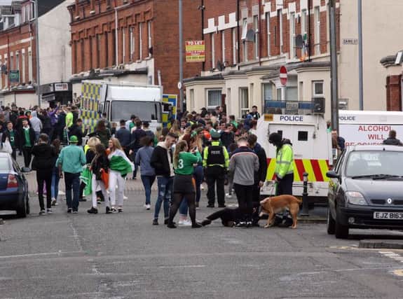 There was a heavy police presence in the Holyland area of south Belfast on St Patrick's Day