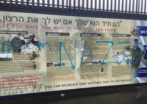 Anti-Semitic Â graffiti on the pro-Israel mural in Northumberland St. Pic: Pacemaker.