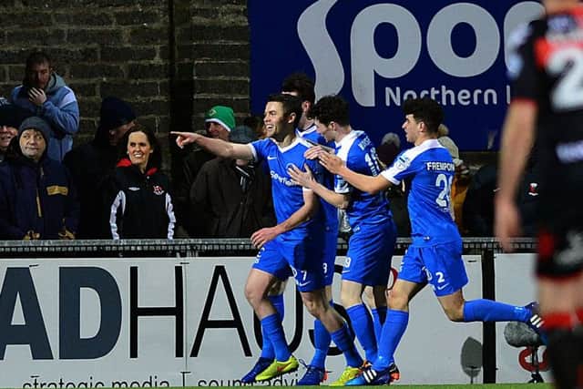 Ballinamallard's Shane McGinty pictured after scoring against Crusaders