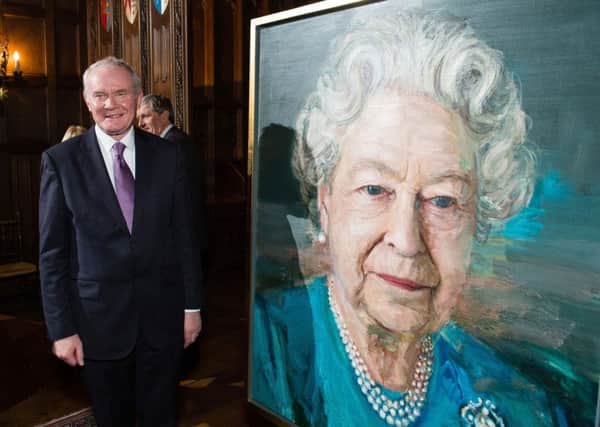 08/11/16: Martin McGuinness at a Co-operation Ireland reception at Crosby Hall in London, with a portrait of the Queen