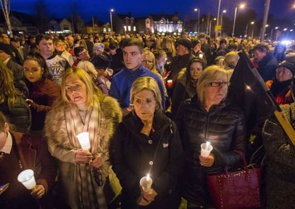 Thousands of mourners attend a vigil for Martin McGuinness at the former site of the Andersontown police station in west Belfast. Pic: Liam McBurney/PA Wire