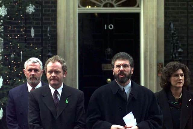 Gerry Adams and Martin McGuinness outside No10 Downing Street before meeting Prime Minister Tony Blair for peace talks in 1997