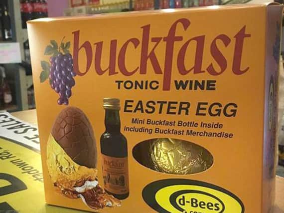 Handout photo taken with permission from the Facebook page of Derek Brennan of a Buckfast Easter egg package from D-Bees off-licence, in Lurgan, Co Armagh, which took more than 2,000 orders within 24 hours of advertising it according to owner Derek Brennan.