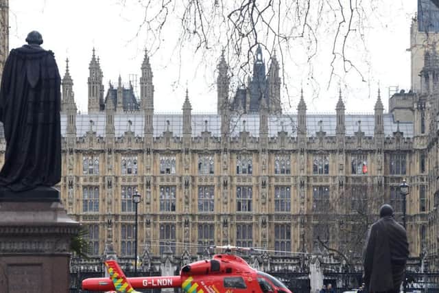An Air Ambulance outside the Palace of Westminster, London, after sounds similar to gunfire have been heard close to the Palace of Westminster.