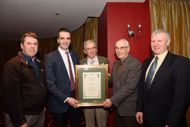 George Starrett, Joe Healey, national president, Michael Chance, Donegal chairman, and Bert Stewart, regional chairman making a honorary life member presentation to John Starrett at the Donegal Irish Farmers' Association (IFA) County Executive on Tuesday last. Picture: Clive Wasson