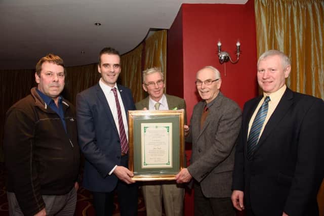George Starrett, Joe Healey, national president, Michael Chance, Donegal chairman, and Bert Stewart, regional chairman making a honorary life member presentation to John Starrett at the Donegal Irish Farmers' Association (IFA) County Executive on Tuesday last.  Picture: Clive Wasson
