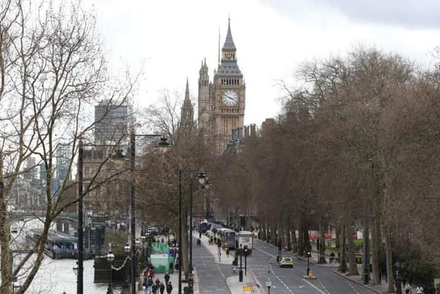 The view along Victoria Embankment towards parliament, after a policeman has been stabbed and his apparent attacker shot by officers in a major security incident at the Houses of Parliament