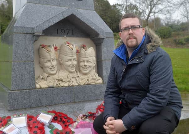 Kris McGurk at the monument for the three Scottish soldiers murdered in the IRA honeytrap attack in 1971.
Pic Colm Lenaghan/Pacemaker