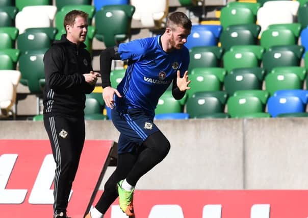 Northern Ireland's Chris Brunt pictured during Saturday's squad training session ahead of the World Cup Qualifier against Norway  at Windsor Park. Photo: Colm Lenaghan / Pacemaker