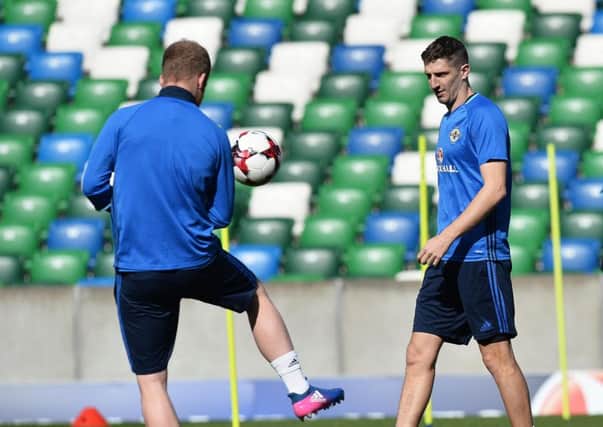 Northern Ireland's  Craig Cathcart  during squad training ahead of Sundays World Cup qualifier against Norway