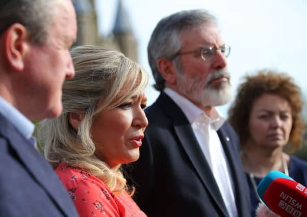 Sinn Fein leaders Gerry Adams and Michelle O'Neill pictured at Stormont Castle