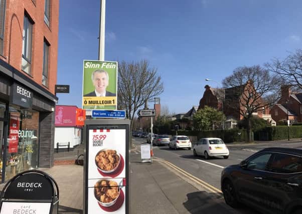 One of several Mairtin O Muilleoir election posters on the Lisburn Road in south Belfast