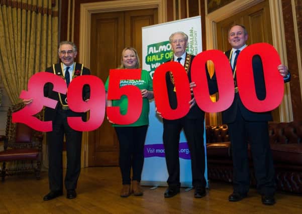 Pictured at the Macmillan Cancer Support cheque presentation at Brownlow House are (from left) Billy Scott, Imperial Grand Registrar; Stefani Mearns, Macmillan fundraising manager; Millar Farr, Sovereign Grand Master; and Imperial Grand Treasurer, David Livingstone.