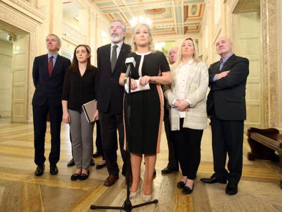 Sinn Fein's Gerry Adams and Michelle O'Neill in the Great Hall, Stormont speaking to the media after talks to restore a powersharing government collapsed