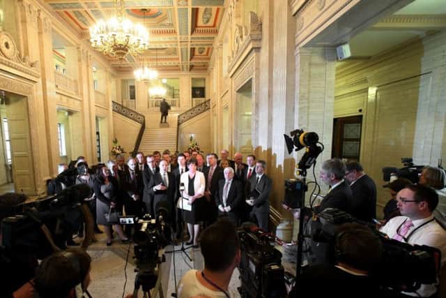 DUP leader Arlene Foster speaks to the media at Stormont in Belfast
