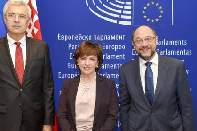 DUP MEP Diane Dodds pictured in 2016 with the then President of the European Parliament, Martin Schulz, and the Government Plenipotentiary for the Slovak Presidency of the Council of the EU, Ivan Korcok, at the signing of her report amending the EU's Long-term Cod Management Plan in Strasbourg. Photo: European Union 2016