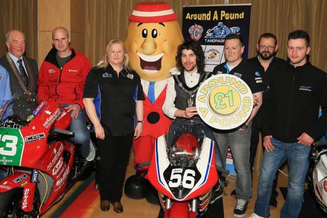 Riders, officials and team owners pictured at the Around-A-Pound Tandragee 100 launch including Ryan Farquhar, Anne Forsythe (Clerk of the Course), Adam McLean, Davy McKee and Garath Keating (Lord Mayor of Armagh City, Banbridge, and Craigavon Borough Council).
