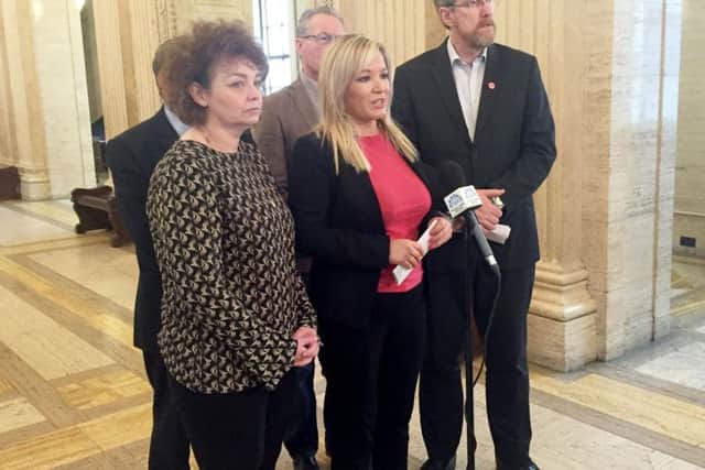 Michelle O'Neill talks to the media in the Great Hall of Parliament Buildings, Stormont, surrounded by party colleagues, as Sinn Fein insisted that the campaign to secure special designated status for Northern Ireland post-Brexit is building momentum across Europe.