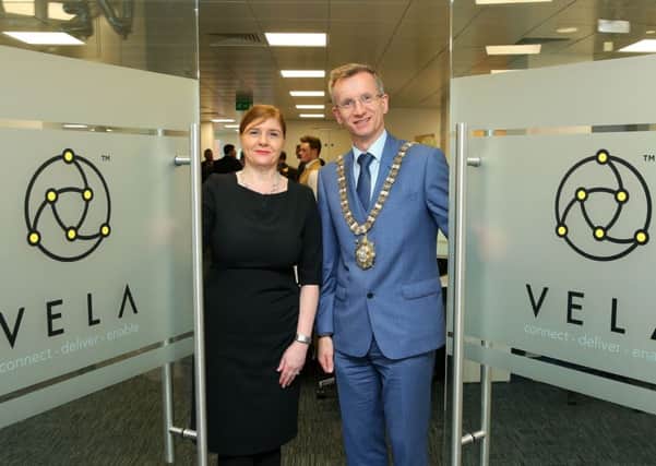 Vela Trading Technologies CEO Jen Nayar and Lord Mayor of Belfast Alderman Brian Kingston