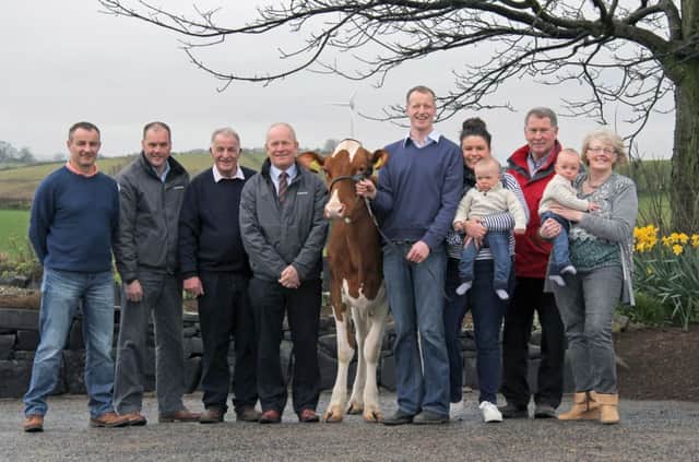 Launching the 2017 Holstein NI Open Day are club vice-chairman Tommy Henry, with hosts Mervyn, May, Gareth, Judith, Austin and Wallace, Smyth, Cloughmills; and sponsors Ivan Dunn and Nigel Kemp,  Lacpatrick; and Alastair Sampson, Ecosyl from Volac. Picture: Julie Hazelton