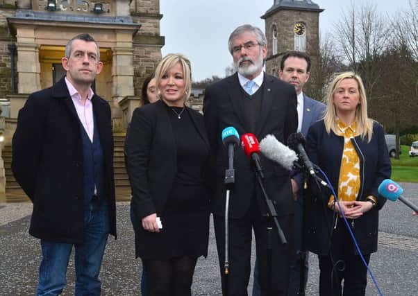 Sinn Fein's leadership team pictured talking to the media at Stormont Castle, Belfast. Picture By: Arthur Allison.