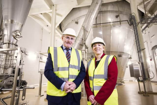 Pictured at LacPatricks Artigarvan site are Clare McAllister of Electric Ireland and CEO at the facility, Gabriel Darcy
