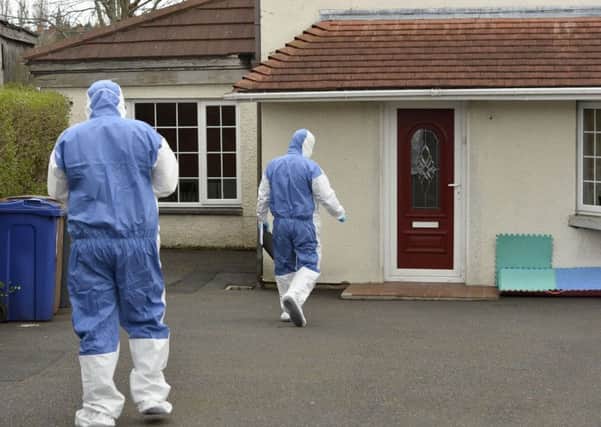 Â©/Presseye.com - 3rd April 2017. Press Eye Ltd - Northern Ireland
Scene of crimes officers pictured at a home in  Riverdale Park North  where the body of a man has been found. 
Photographer Press Eye