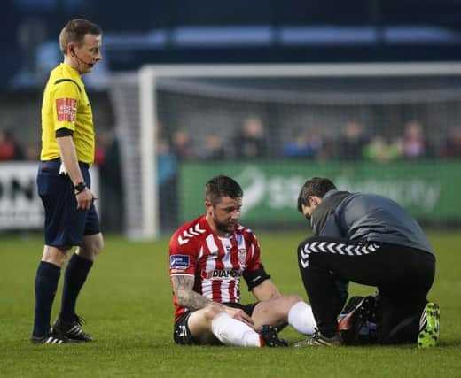 Derry's Rory Patterson receiving treatment before being substituted.

Mandatory Credit Photo Lorcan Doherty / Presseye.com