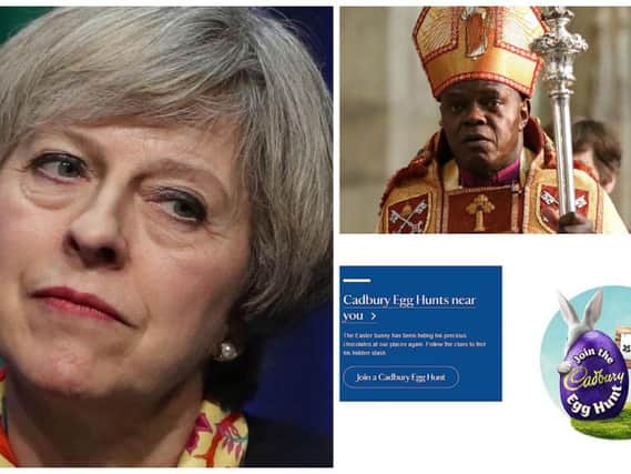 PM Theresa May, Archbishop of York Dr John Sentamu and a images promoting the 'Egg Hunt'