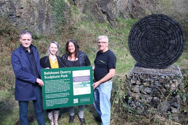 BBC Big Painting finalist Jennifer Morrow (second from left) helped Hillsborough sculptor Ngaire Jackson officially open Belshaws Quarry Sculpture Park. Also pictured are Richard Rodgers (far left) from The Alpha Programme and Groundwork NI, and John Belshaw, Chairperson of Whitemountain & District Community Association who commissioned the eight sculptures. Pic by Jonathan Clark
