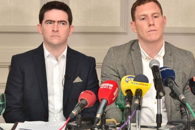 John McAreavey (right) and Mark Harte, brother of murdered honeymooner Michaela McAreavey, during a press conference at the Labourdonnais Hotel in Port Louis, Mauritius