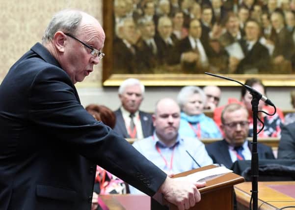 TUV Leader Jim Allister hosts a Memorial Day to the victims of terrorism in the Senate Chamber in Parliament Buildings, Stormont, last month. Guest speakers included (pictured in the front row) relatives of IRA murder victims, David Kelly,  and Ken Funston. 
Photo: Colm Lenaghan/Pacemaker Press