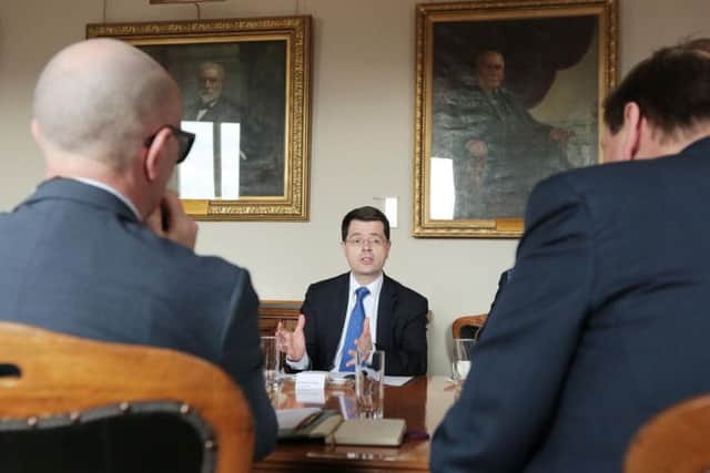 Handout photo of Northern Ireland Secretary James Brokenshire meeting his NI Business Advisory Group at Belfast Harbour Commission where he said the ritish government is focused on returning Northern Ireland's powersharing institutions as soon as possible.