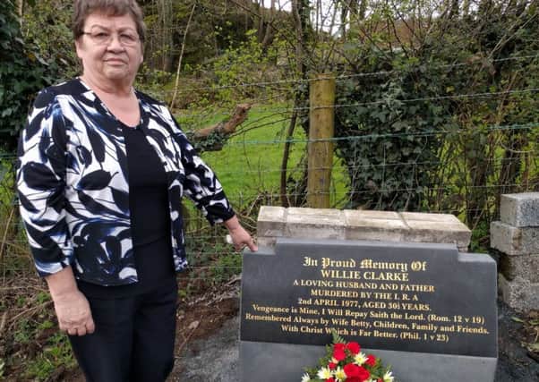 Betty Clarke at the roadside memorial to her husband Willie who was murdered by the IRA on April 2, 1977
