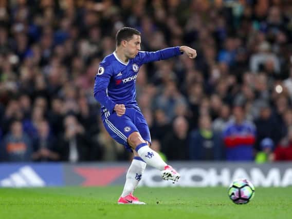 Chelsea's Eden Hazard scores his side's second goal of the game from the penalty spot during the Premier League match at Stamford Bridge