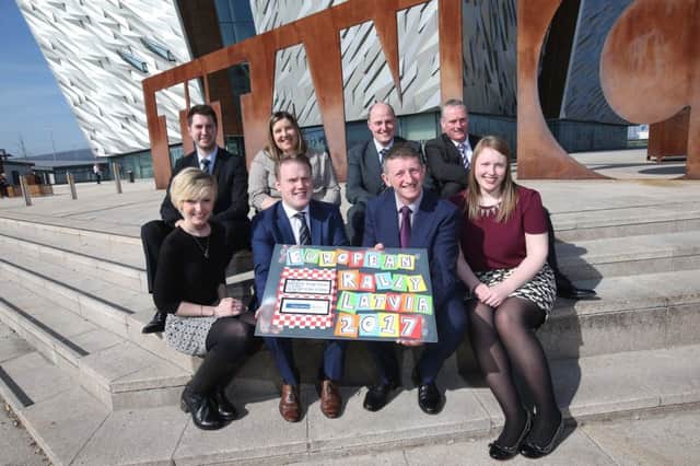 Pictured at the European Rally team launch outside the iconic Titanic Building in Belfast are (L-R) Melanie McClean, Holestone YFC; Jonathan Sleator, Annaclone & Magherally YFC; Carol McMullan, Agri-Business Manager, North, Danske Bank; YFCU Deputy President James Speers; David Oliver, Dungiven YFC, Robert McCullough, Head of Agri-Business at Danske Bank; Seamus McCormick, Senior Agri-Business Manager  North, Danske Bank and Danielle Black, Coleraine YFC.