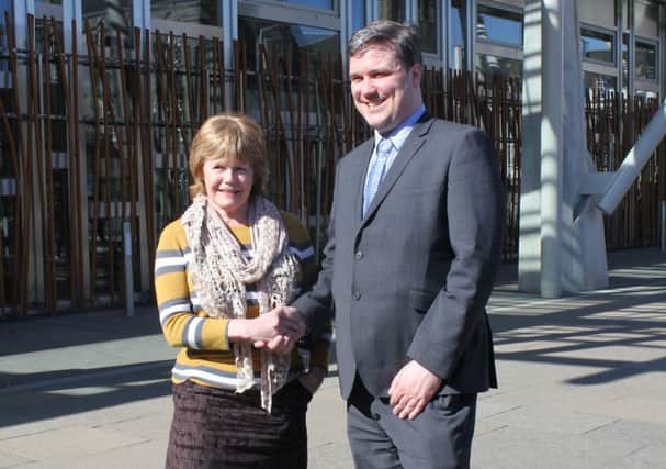 Linda McHugh lobbying Tom Arthur MSP in Edinburgh for reinstatement of war widow pensions