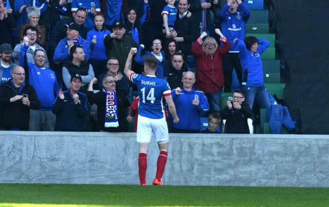 Linfield's Aaron Burns opens the scoring  during Saturday's game at the national Stadium Windsor Park. (
Photo Colm lenaghan/Pacemaker Press).