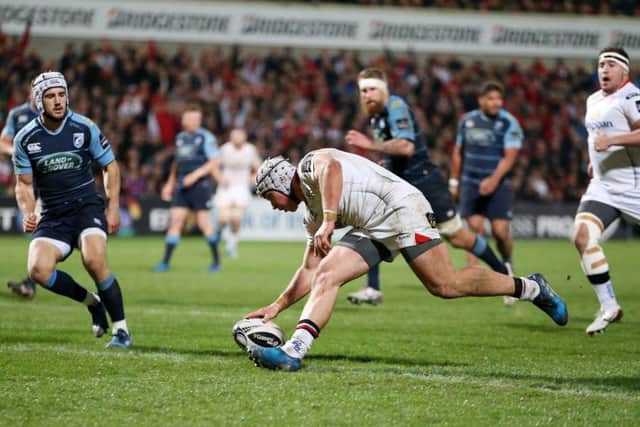 Ulster Luke Marshall  scores a try against  Cardiff Blues