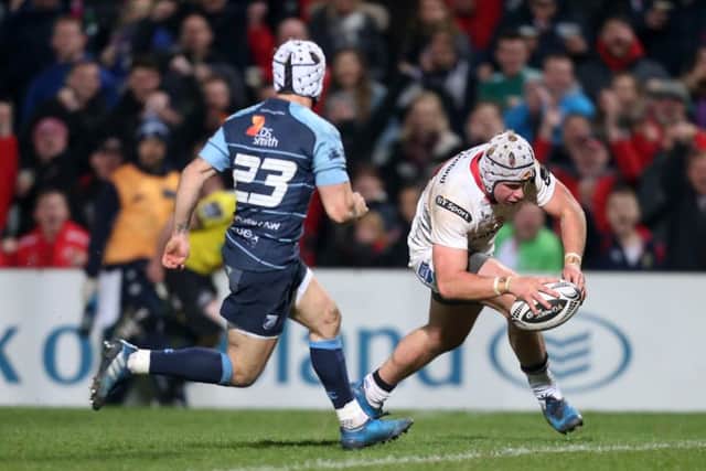 Try for Ulster's Luke Marshall against Cardiff Blues