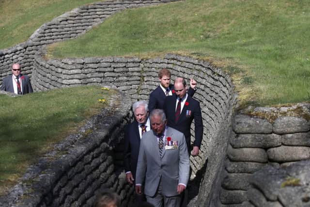 The Prince of Wales, Duke of Cambridge and Prince Harry visit the tunnel and trenches at Vimy Memorial Park in France, during commemorations for the 100th anniversary of the Battle of Vimy Ridge. PRESS ASSOCIATION Photo. Picture date: Sunday April 9, 2017. The ceremony will honour the sacrifices of Canadian forces and their British counterparts at the four-day battle of Vimy Ridge. See PA story ROYAL Vimy. Photo credit should read: Yui Mok/PA Wire