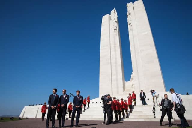 Canadian Prime Minister Justin Trudeau, The Duke of Cambridge and Prince Harry arrive at the Canadian National Vimy Memorial in France, for the 100th anniversary of the Battle of Vimy Ridge. Photo: Jack Taylor/PA Wire