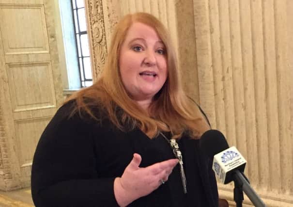 Alliance party leader Naomi Long addressing the media in the Great Hall of Parliament Buildings, Stormont. PRESS ASSOCIATION Photo. Picture date: Tuesday April 11, 2017. See PA story ULSTER Politics. Photo credit should read: David Young/PA Wire
