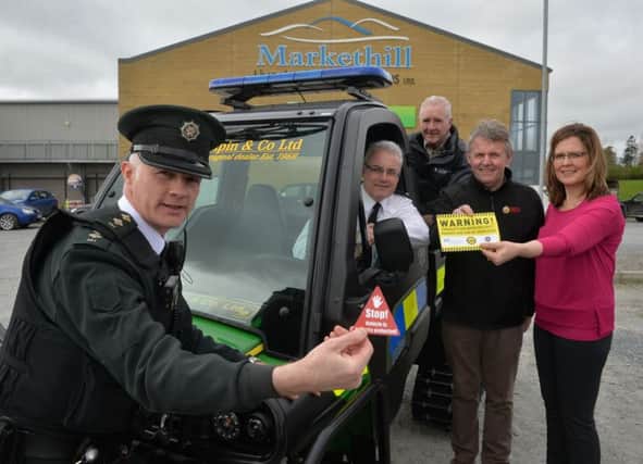 Inspector Leslie Badger PSNI, Superintendant Brian Kee PSNI, Danny Gray DAERA, Barclay Bell President UFU and Sinead Simpson Department of Justice pictured at the launch of the Rural Crime Partnership campaign in Markethill Livestock Market.