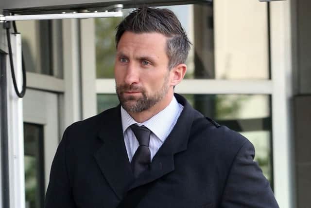 Former Scottish rugby international Simon Danielli leaves Newtownards court after his wife Olivia Danielli was found guilty of causing criminal damage to his Jaguar car.