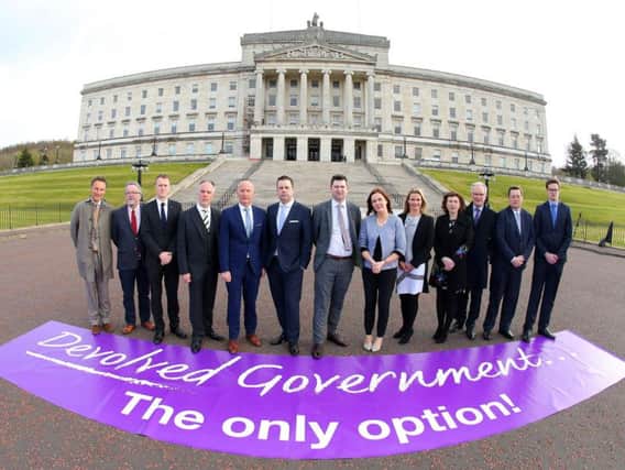 Handout photo dated 11/04/17 issued by Press Eye of a group of business and civic society leaders at Stormont demanding a restoration of devolution.